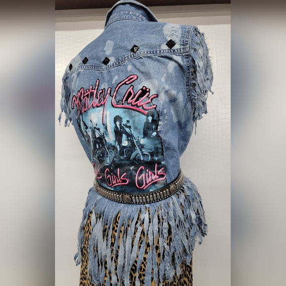 Motley Crue Fringed Denim Jean Shirt Vest  Upcycled Rock Couture - Picture 6 of 12